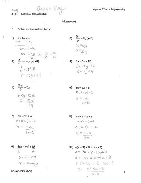 answer key literal equations worksheet answers